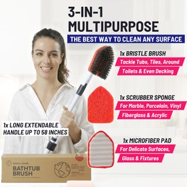 Moku Home Shower Scrubber 3 in 1 Extendable Long Handle 58" Cleaning Brush - Non Scratch Shower Brush for Cleaning Bathroom Kitchen Toilet Wall Tub Tile Sink (Red)