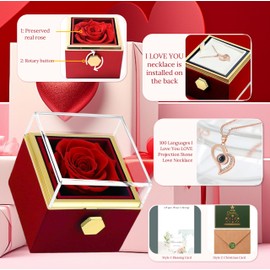 Preserved Real Rose Rotate Box with I Love You Necklace in100Languages-Eternal Flowers Rose Romantic Gifts for Mom Wife Girlfriend daughter for Valentines Day Christmas Birthday (Red)
