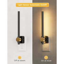 L LOHAS LED Night Light, Black and Gold Vanity Light Bar, Modern Night Lights Plug into Wall for Bathroom, Bedroom, 3000K, Dusk to Dawn Sensor, 0-200LM Dimmable Night Light Replace Wall Sconce, 1Pack