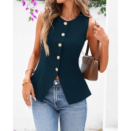 BTFBM Summer Sleeveless Blazer Vest For Women Dressy Button Down Round Neck Business Casual Outfits Work Suit Vests Tops(Dark Blue, Large)