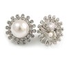 Statement Crystal Faux Pearl Floral Clip On Earrings In Silver