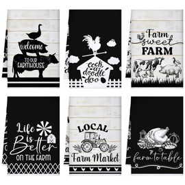 Bencailor 6 Pcs Kitchen Towels Vintage Dish Towels Absorbent Tea Towels 24 x 16 Inch Farmhouse Hand Towels Gifts for Bathroom Cooking Baking Housewarming Decor(Black, White,Farm Animals)