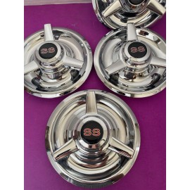 LUGNUTKING (4) 3 BAR SPINNERS CENTER CAPS FOR CHEVY RALLY WHEELS 7",BLACK & RED SS DECAL