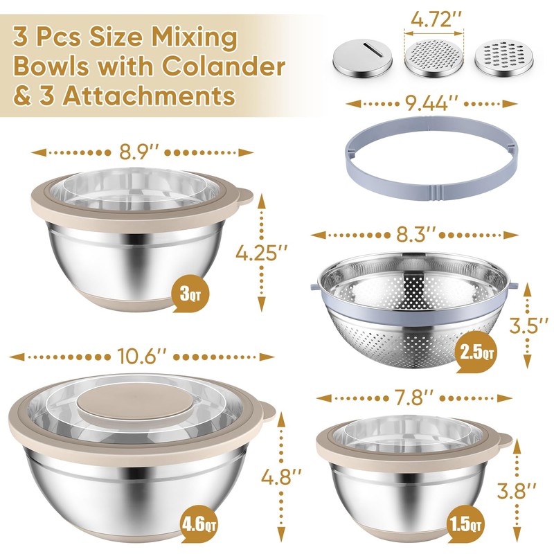 P&P CHEF Mixing Bowls with Lids Set of 3, Stainless