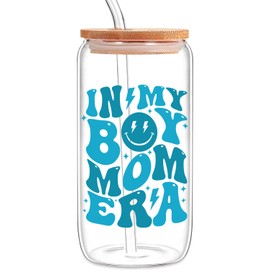 KISJO Boy Gifts for Mom, Funny Iced Coffee Glass Cup with Lid and Straw, Gift for a Mom of Boys, Cool Gifts for Mama - 16 Oz Coffee Glass