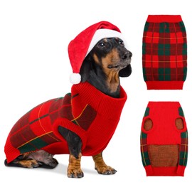 PUMYPOREITY Classic Plaid Dog Sweater with Leash Hole, Warm Stretchy Knitwear for Small Medium Dog, Soft Jacquard Knit Pullover with Elastic High Collar for Spring Fall Winter Christmas Cold Weather