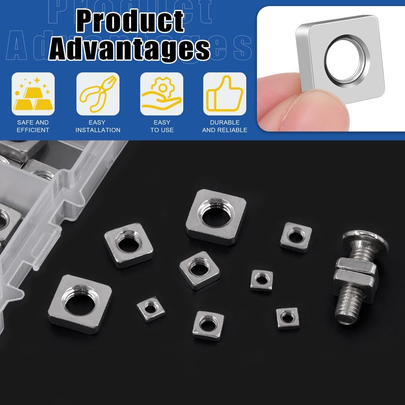 Glarks 90pcs Carbon Steel Square Nut Set M3 M4 M5