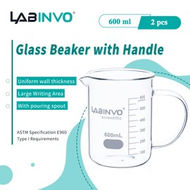LABINVO Glass Beaker with Handle, Vol. 600ml, 3.3 Borosilicate Griffin Low Form with Printed Graduation,Pack of 2,IN-BKLH600A