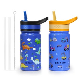 2 Pack Insulated Kids Water Bottle, BUZIO 14oz Stainless Steel Water Bottles with Straw Lid, BPA-FREE Lead-Free Double Wall Vacuum Leak Proof Drink Cups Flask for School (Blue Car +Blue Dinosaur)