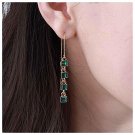 Cimenexe Bohemian Emerald Tassel Chain Earrings Gold Emerald Chain Threader Earrings Emerald Square Drop Earrings Green Crystal Chain Dangle Earrings Emerald Chain Pull Through Earrings Jewelry