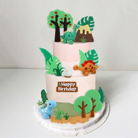 Ercadio 32 PCS Dinosaur Series Resin Ornaments Cupcake Toppers Picks Dinosaur Forest Leaf Dinosaur Eggs Grass Volcano Resin Tabletop Decor for Baby Shower Kids Birthday Party Decor Supplies