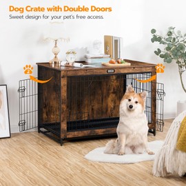HOOBRO Dog Crate Furniture, 38.6" Large Dog Kennel Indoor, Wooden Cage with Pull-Out Tray, Double Doors Pet House Side End Table for Large/Medium/Small Dogs, Rustic Brown BF982GW03G1