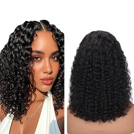Weeybay 4x4 Short Bob HD Transparent Lace Front Wigs 1B Natural Black Curly Human Hair Wig Pre Plucked 180% Density Baby Hair 8 Inch