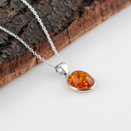 GEMKORA Real Amber Pendant Necklace, Polished Oval Gemstone in Bezel, Healing Energy Crystals, Birthday Gift for her, 925 Sterling Silver Jewellery 18 inch, AA+ Grade