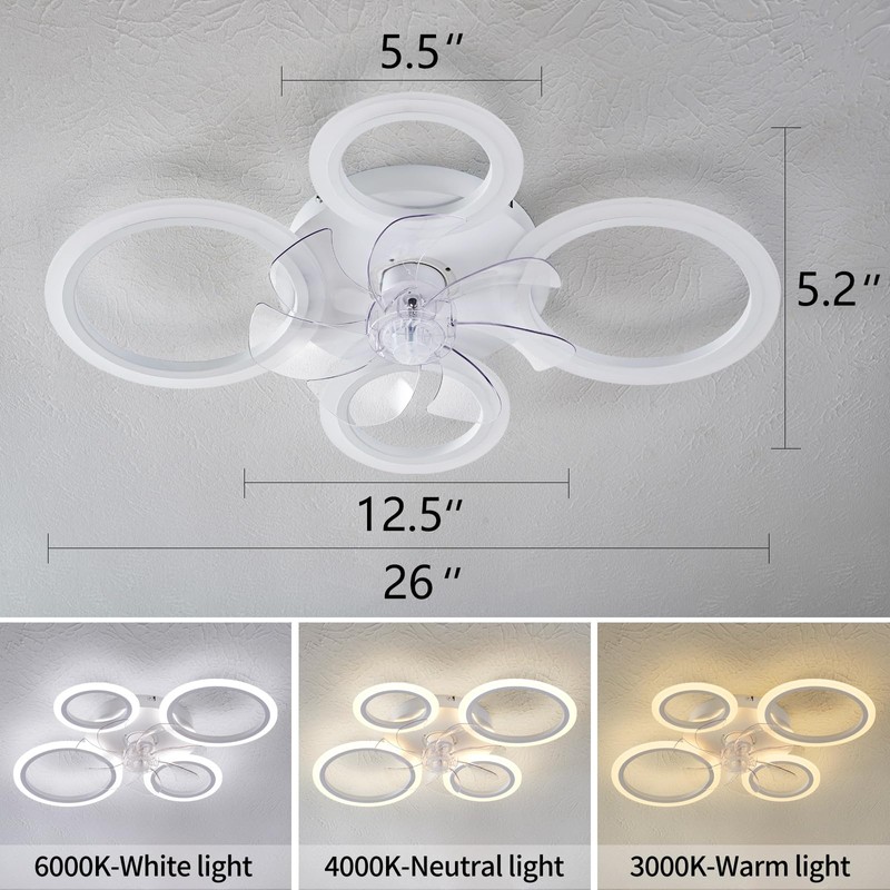 HuixuTe 26" White Geometric Circular Ceiling Fan with Lights Remote