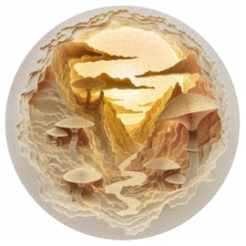 Mushroom Mountain Round Puzzles for Adults 1000 Pieces, Forest Sunset Canyon Paper Cut Jigsaw Puzzles, Impossible Challenging Difficult Nature Scenery Puzzle as Home Decor