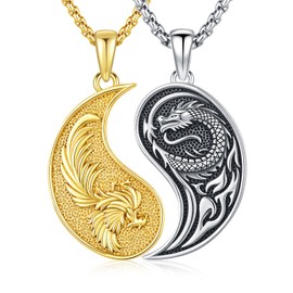MEDWISE Dragon Phoenix Yin Yang Necklace Double 925 Sterling Silver Dragon Phoenix Pendant Partner Friendship Couples BFF Pendant Necklace Yin Yang Jewelry Matching Set for Her Him Women Men