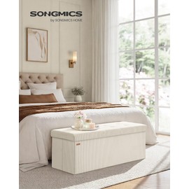 SONGMICS MAZIE Collection - Storage Ottoman Bench, Foldable Foot Rest, 15 x 43 x 15 Inches, End of Bed Bench, Storage Chest, Load 660 lb, Living Room, Bedroom, Entryway, Cream White ULSF604W01