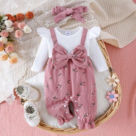 XIXIMAON Baby Girl Fall Winter Outfits Bow Decor Floral Long Sleeve Jumpsuit Knitted Corduroy Rompers Ribbed Bodysuit With Headband Infant Girls Cute Clothes (Pink, 3-6 Months)