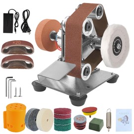 Professional Mini Belt Sander, 7 Adjustable Speed -15 Degree Electric Bench Grinder with Double Grinding Wheels, Small Grinder Burnishing for DIY Woodworking, Metal Grinding and Knife Making