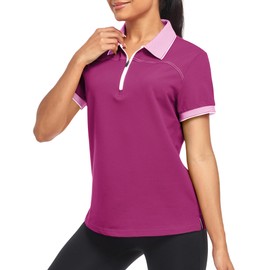 Little Beauty Women's Zipper Golf Polo Shirts Short Sleeve Athletic Moisture Wicking Collared T-Shirts with Zip Up Deep Rose