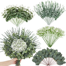 Faylifeway 120 Pcs 4 Kinds Mixed Eucalyptus Greenery Stems, Baby Breath Flowers Artificial Bulk and Greenery Stems for DIY Bouquets Wedding Home Floral Decor