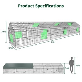 Metal Chicken Coop, 21ft x 3.5ft Chicken Run Pen for Yard with Cover Outdoor Metal Portable Chicken Tractor Cage Enclosure Crate Outside for Small Animals Duck Rabbit Hen
