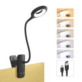 HECDSTLY Clip on Reading Light for Bed Headboard, Battery Rechargeable Large Clamp Bed Lamp - 5 Colors 5 Brightness, Flexible Arm Book Light at Night for Kids Desk Bunk Metal Bed Frame (Black)