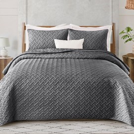 Exclusivo Mezcla Soft Quilt Set Queen Full Size, 3 Pieces Lightweight Quilts Grey Bedspreads Coverlets Bedding Set for All Seasons, Weave Pattern