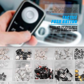 SMD Button, 250 Pieces 10 Types Tactile Push Button Micro Switch Momentary Tact Assortment Kit for Car Remote Control Key with Plastic Box