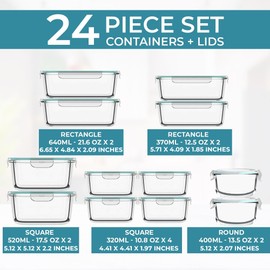 Razab 24 Pc Airtight Glass Food Storage Containers - Glass Meal Prep Containers - Freezer to Oven Safe - Steam Release Valve BPA Free - Airtight Bento Boxes - Leak Proof (12 lids & 12 Containers)