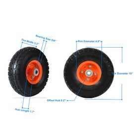 Tiousmoky 10" Flat Free Tires Solid Heavy Duty Tires Wheels, 4.10/3.50-4 Air Less Tires with 5/8 Center Bearings