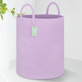 BOSROTY Large Cotton Rope Laundry Basket Hamper for Clothes 65L, Woven Storage Basket for Living Room Bedroom, Tall Rope Baskets, Blanket Basket, Baby Nursery Hamper Bin, 16”x 20”, Purple