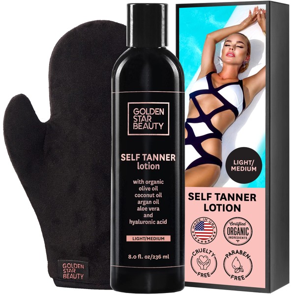Organic Self Tanning Lotion for Natural Looking Tan-Fake Tan-Best Sunless Tanning Lotion for Bronze Skin-Best Self Tanners for Face and Body-with Tanning Mitt (Light to Medium)