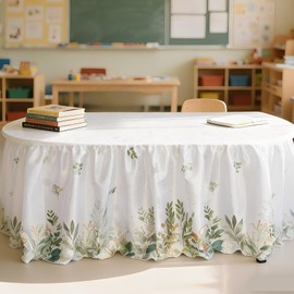 14FT Eucalyptus Leaf Table Skirt Back to School Teacher Desk Skirt Greenery Eucalyptus Classroom Table Cover Skirts for First Day of School Supply Kindergarten Preschool Office Bookcase Cabinet Decor