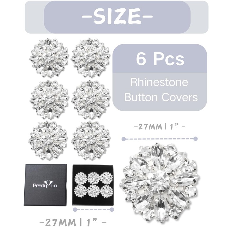 Button Covers for Women 6 Set Rhinestone Cuff Link Silver