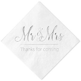 Crisky Servilletas de boda Mr Mrs Silver Cocktail Bebida Postre Servilletas para decoración de mesas de boda, suministros de fiesta de compromiso, 100 piezas, 3 capas