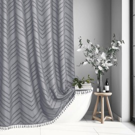 Cortina de ducha bohemia de tela tejida con borlas, color gris, 72 x 72 pies, moderna con textura, con diseño de Chevron a rayas minimalista, juego de cortinas de ducha con ganchos