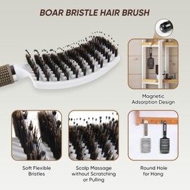 Kertiberif Boar Bristle Hair Brush 2PCS, Curved Vented Detangling Brush for Wet and Dry Hair, Styling Paddle Hairbrush for Women Men Kids Curly Straight Thick Long or Short Hair