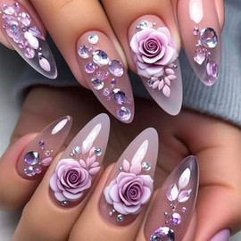 Almond False Nails Gradient Press on Nails Medium Rhinestones Fake Nails Artificial Acrylic Nails with 3D Purple Rose Design Full Cover Glossy Reusable Coffin Nails Glue on Nails for Women 24Pcs