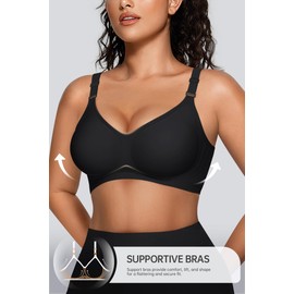 OEAK Womens Comfortable Bras Wireless V Neck Bra Full Coverage Bralettes Seamless Tshirts Bras Push Up Bras with Extender Black XL