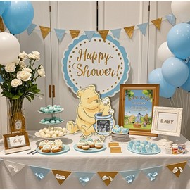 Winnie Baby Shower Decorations, Pooh Party Guest Book for Boys Girls, Bear Guest Book with Photo Frame 60 Heart Wood Slices Baby Sonogram Frame Keepsake for Baby Shower