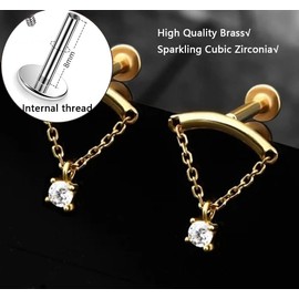 ALRNBY Gold Helix Earrings for Women 2Pcs Flat Back Earrings Hidden Helix Earring Dangle Drop Tassel Chain Earring Cartilage Studs Silver Cubic Zirconia Sparkling Earrings Jewelry… (Double gold)