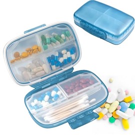 Organizador de pastillas,Pastillero portátil con 7 compartimentos, Pastillero Semanal Pequeño, Organizador de píldoras de viaje, Caja sellada para medicamentos diarios (Azul)