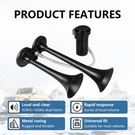 Train Horn for Truck 150db 12V,BANHAO Super Loud Dual Trumpet Truck Air Horn with Compressor, suitable for Any 12V Vehicles Train Car Ship Boat Lorry(12V, Black 2 tube horns with wire and button)