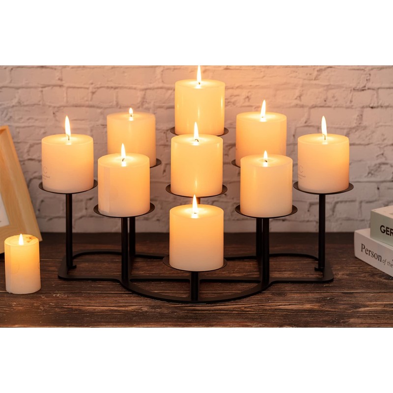 9 Arms Black Candelabra for Inside Fireplace - Metal Candle