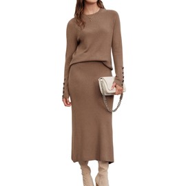 Arach&Cloz Women's Two Piece Outfits 2025 Fall Fashion Cashmere Casual Lounge Sweater Long Sleeve Raglan Cuffs Knit Top Midi Dress Matching Work Sets Business Outfits (Brown XL)