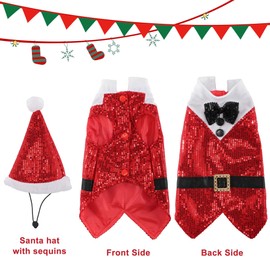 Mogoko Dog Cat Christmas Costume Sequin Dog Tuxedo Pet Clothes, Funny Pet Cosplay Costumes Suit with Santa Cap, Puppy Hoodies Outfits Warm Coat Animal Festival Apparel Clothes (XL Size)
