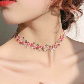 Inateannal Boho Flower Lace Choker Necklace Pink Rose Choker Chain Vintage Flower Choker Collar Jewellery for Women Teenager Girls
