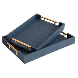 UPPER DECOR Modern Decorative Tray Set of 2, Blue Shagreen Leather Tray, Rectangle Serving Trays with Gold Polished Metal Handles, Ottoman Trays Coffee Table Perfume Kitchen Home Decor
